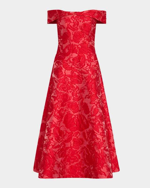 Off-Shoulder Floral Jacquard Midi Dress